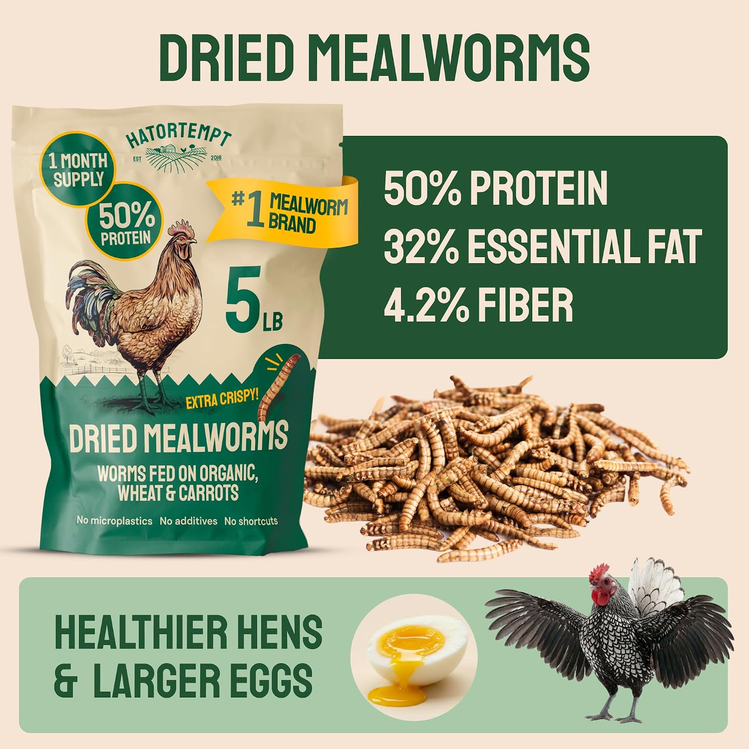 Hatortempt Bulk Dried Mealworms - 5 Lb Bag - Dried Mealworms for Chickens